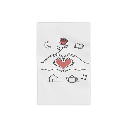 Beach Towel — Heart Hands Rose Design (Moon, Book, Tea, Home Icons)