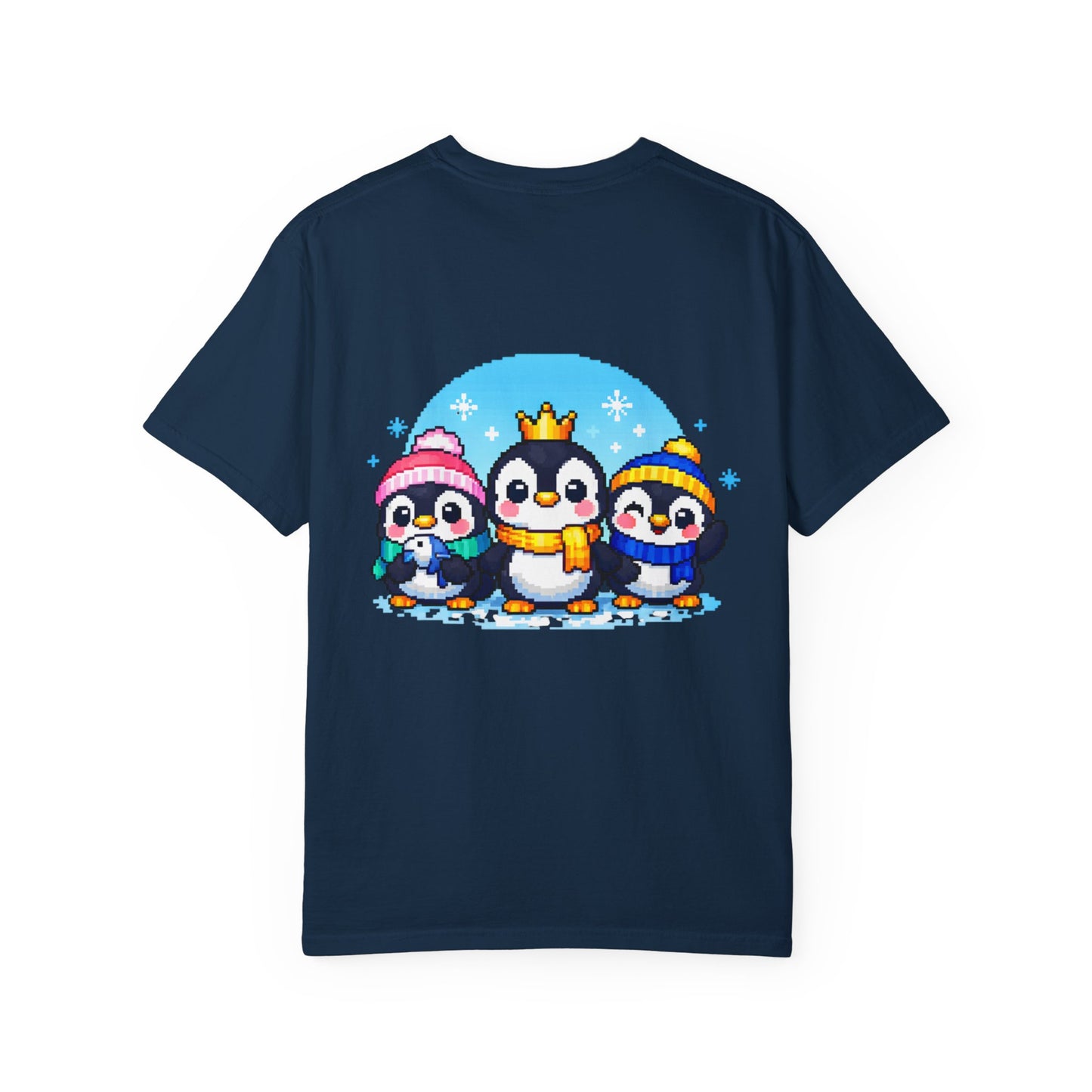 Cute Winter Penguin T‑Shirt — Three Cartoon Penguins with Crown & Scarves