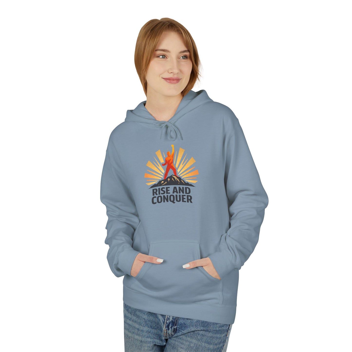 Rise and Conquer Hoodie - Motivational Sunrise Adventure Pullover