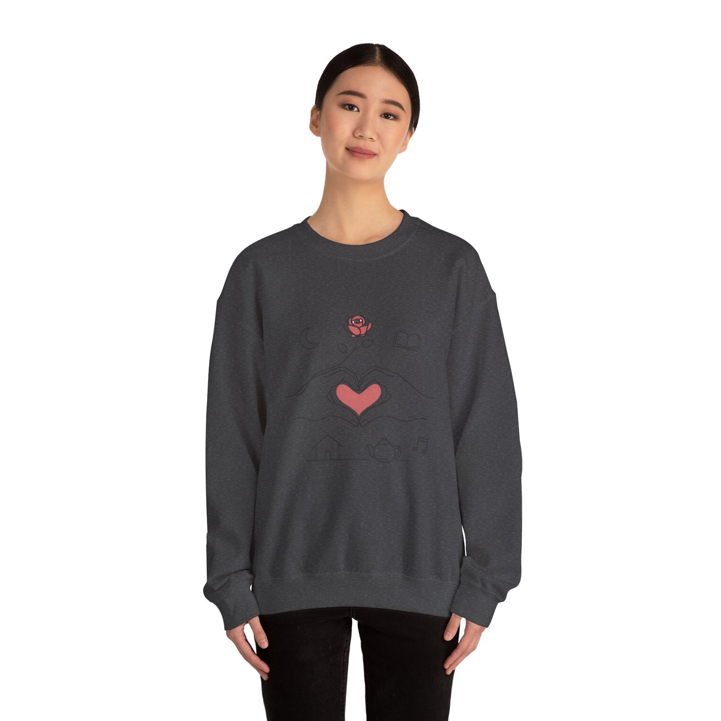 Crewneck Sweatshirt — Heart Hands Rose Illustration (Cozy Home & Self‑Care Vibe)