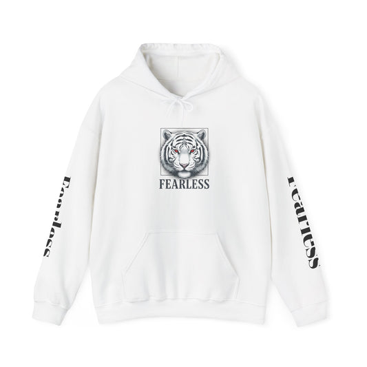 Fearless White Tiger Hoodie — 'FEARLESS' Graphic Hooded Sweatshirt