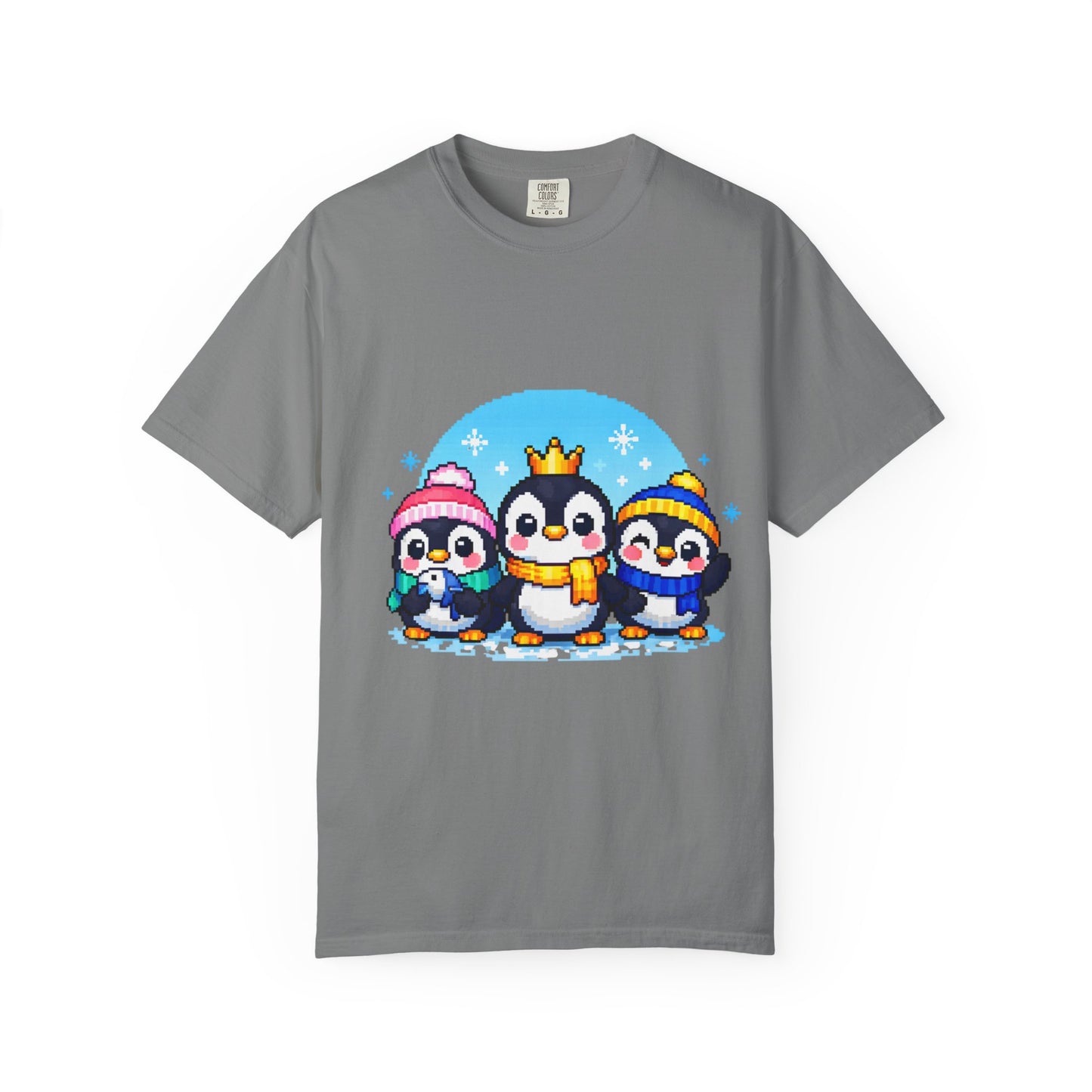 Cute Winter Penguin T‑Shirt — Three Cartoon Penguins with Crown & Scarves