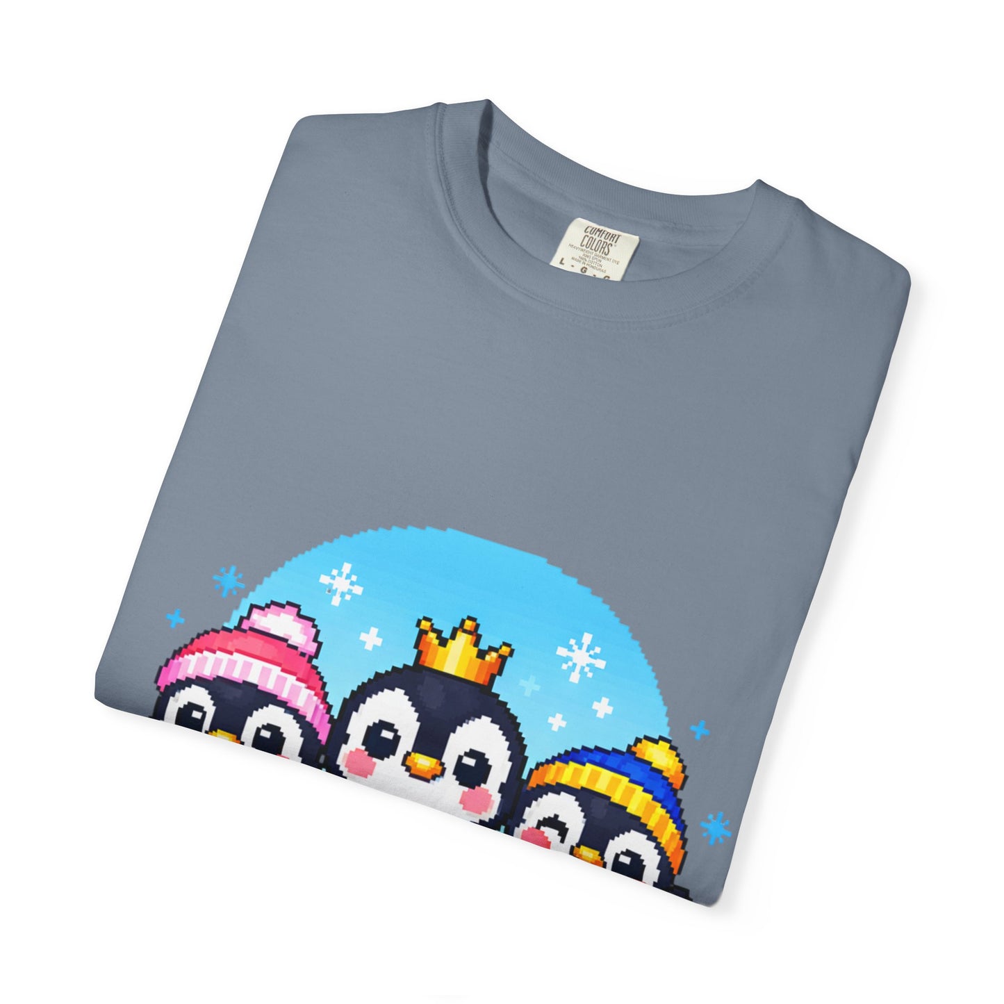 Cute Winter Penguin T‑Shirt — Three Cartoon Penguins with Crown & Scarves