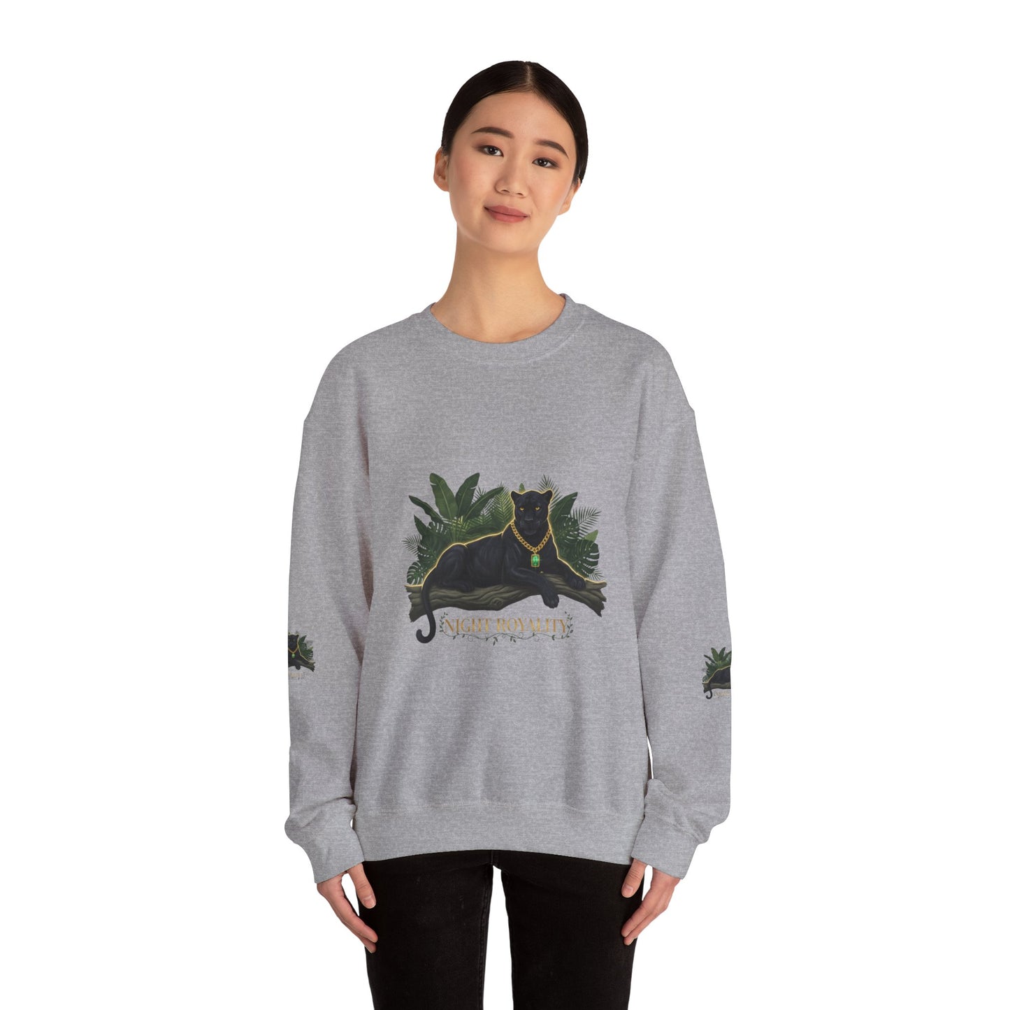 Panther Royale Crewneck Sweatshirt — "Night Royalty" Black Cat Graphic