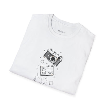 Photography & Coffee Graphic Tee — Camera, Notebook, Coffee Cup Design