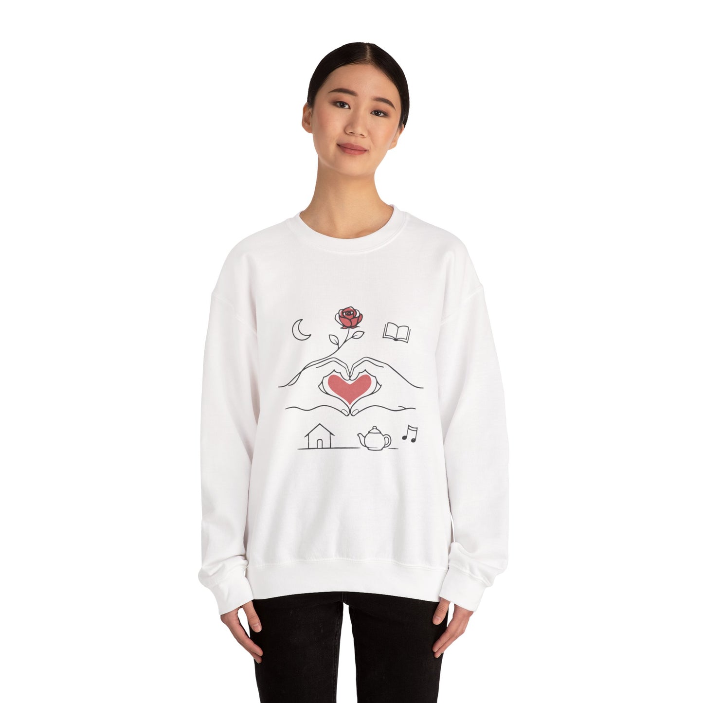 Crewneck Sweatshirt — Heart Hands Rose Illustration (Cozy Home & Self‑Care Vibe)