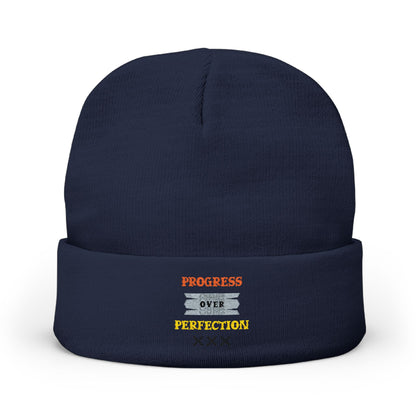 Embroidered Knit Beanie — 'Progress Over Perfection' Cozy Winter Hat
