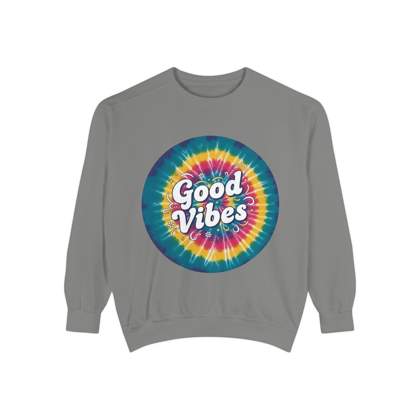 Tie-Dye "Good Vibes" Sweatshirt — Retro Colorful Cozy Pullover