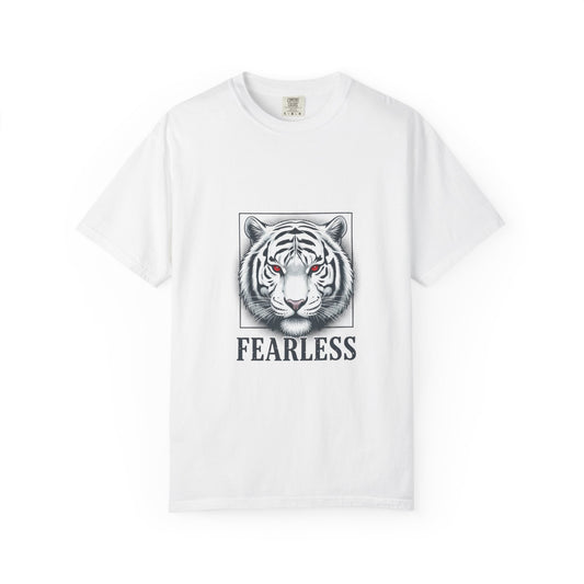 Fearless White Tiger T-Shirt — Bold Graphic Tee with 'FEARLESS' Text Merit Sell