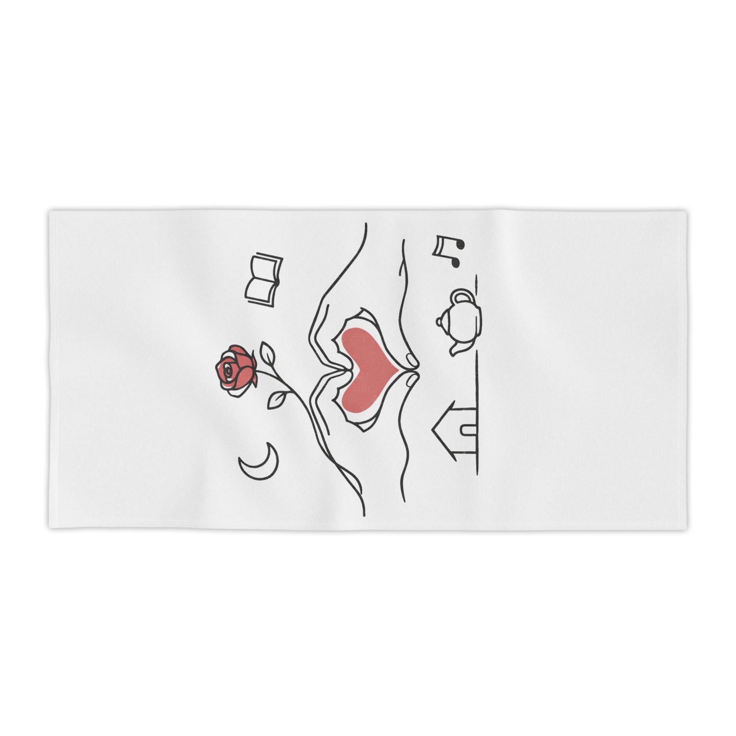 Beach Towel — Heart Hands Rose Design (Moon, Book, Tea, Home Icons)