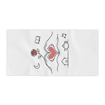 Beach Towel — Heart Hands Rose Design (Moon, Book, Tea, Home Icons)