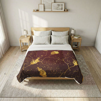 Gold Leaf Cotton Comforter - Burgundy Botanical Bedding