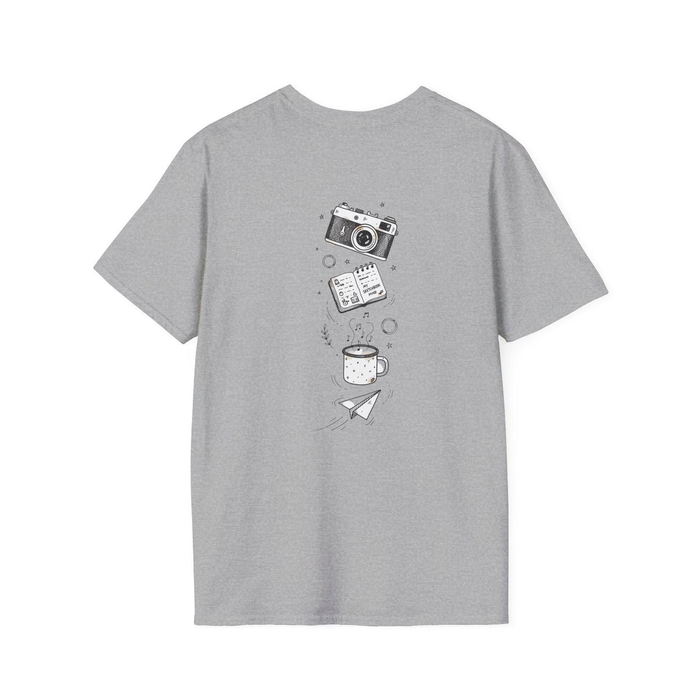 Photography & Coffee Graphic Tee — Camera, Notebook, Coffee Cup Design