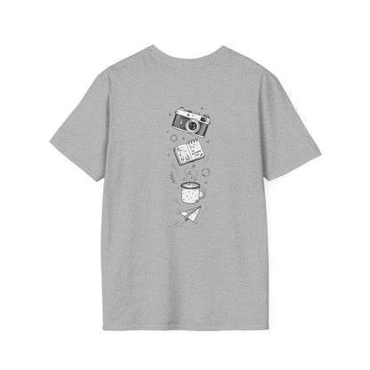 Photography & Coffee Graphic Tee — Camera, Notebook, Coffee Cup Design