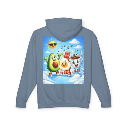 Happy Breakfast Friends Hoodie — Avocado, Egg & Coffee Cartoon Pullover