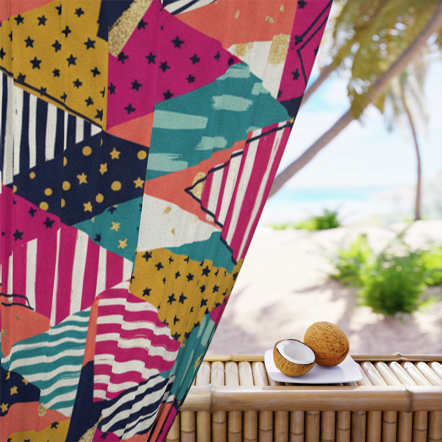 Abstract Geometric Triangle Curtain — Colorful Retro Pattern Window Panel