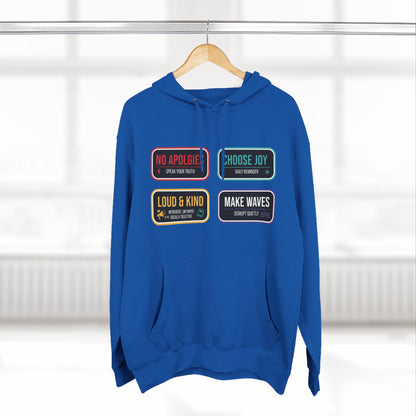Three-Panel Message Hoodie – "No Apologies / Choose Joy / Loud & Kind / Make Waves"