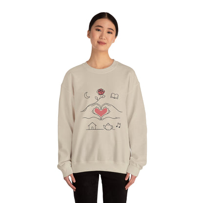 Crewneck Sweatshirt — Heart Hands Rose Illustration (Cozy Home & Self‑Care Vibe)