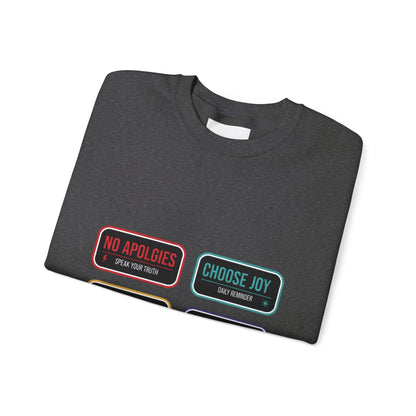 Crewneck Sweatshirt — Inspirational Patch Labels: “No Apologies • Choose Joy • Loud & Kind • Make Waves”