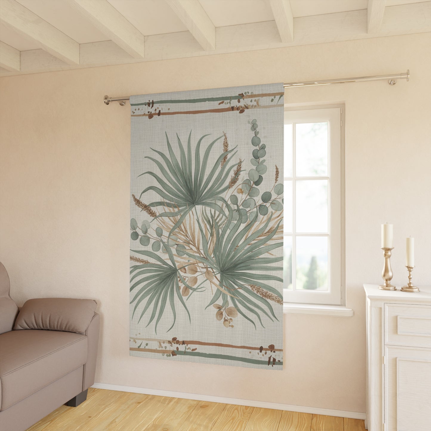Botanical Palm Window Curtain — Neutral Green Tropical Sheer Panel