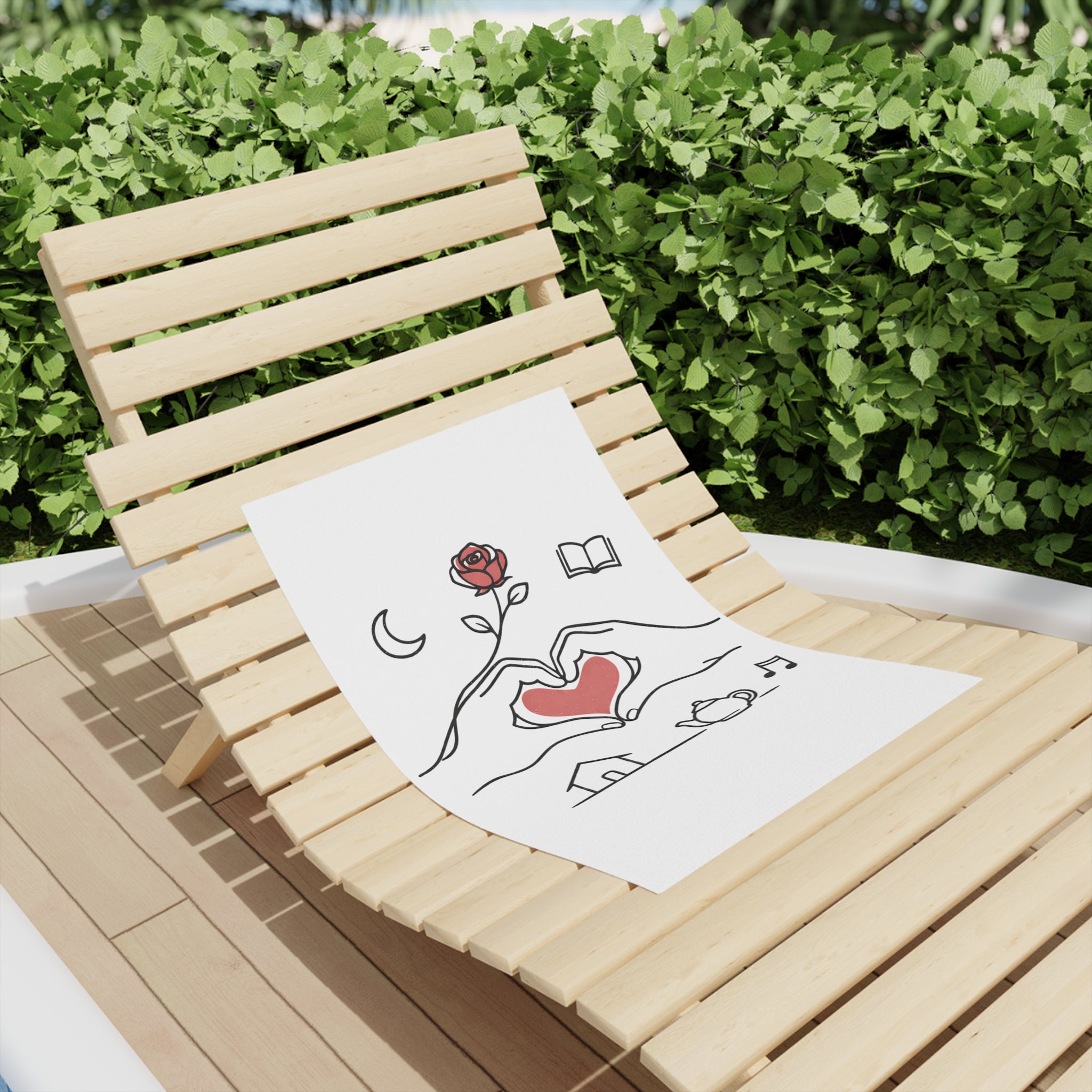 Beach Towel — Heart Hands Rose Design (Moon, Book, Tea, Home Icons)