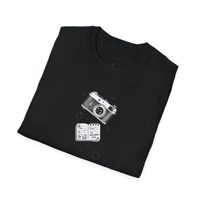 Photography & Coffee Graphic Tee — Camera, Notebook, Coffee Cup Design
