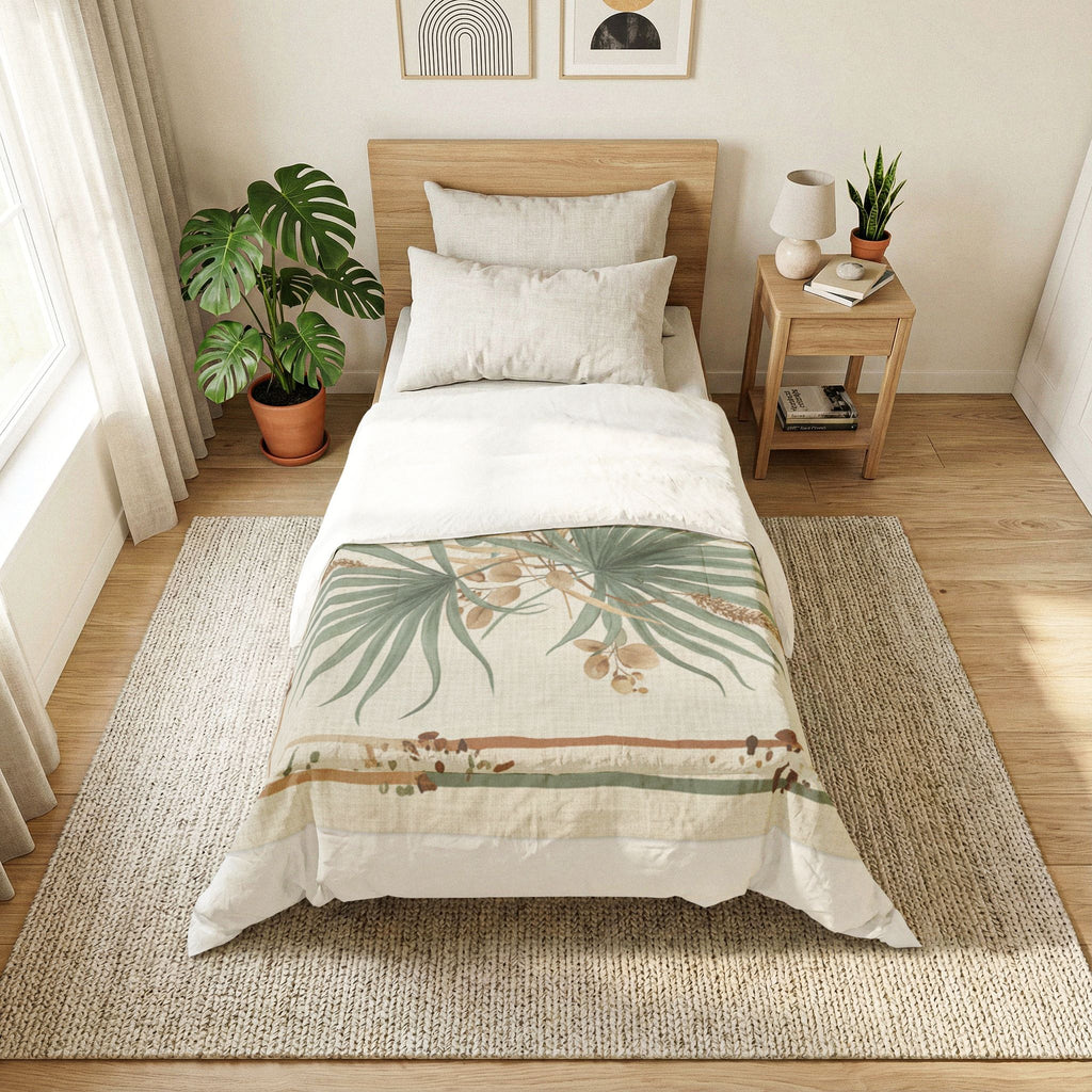 Botanical Palm Cotton Comforter – Neutral Green Leaf Bedding