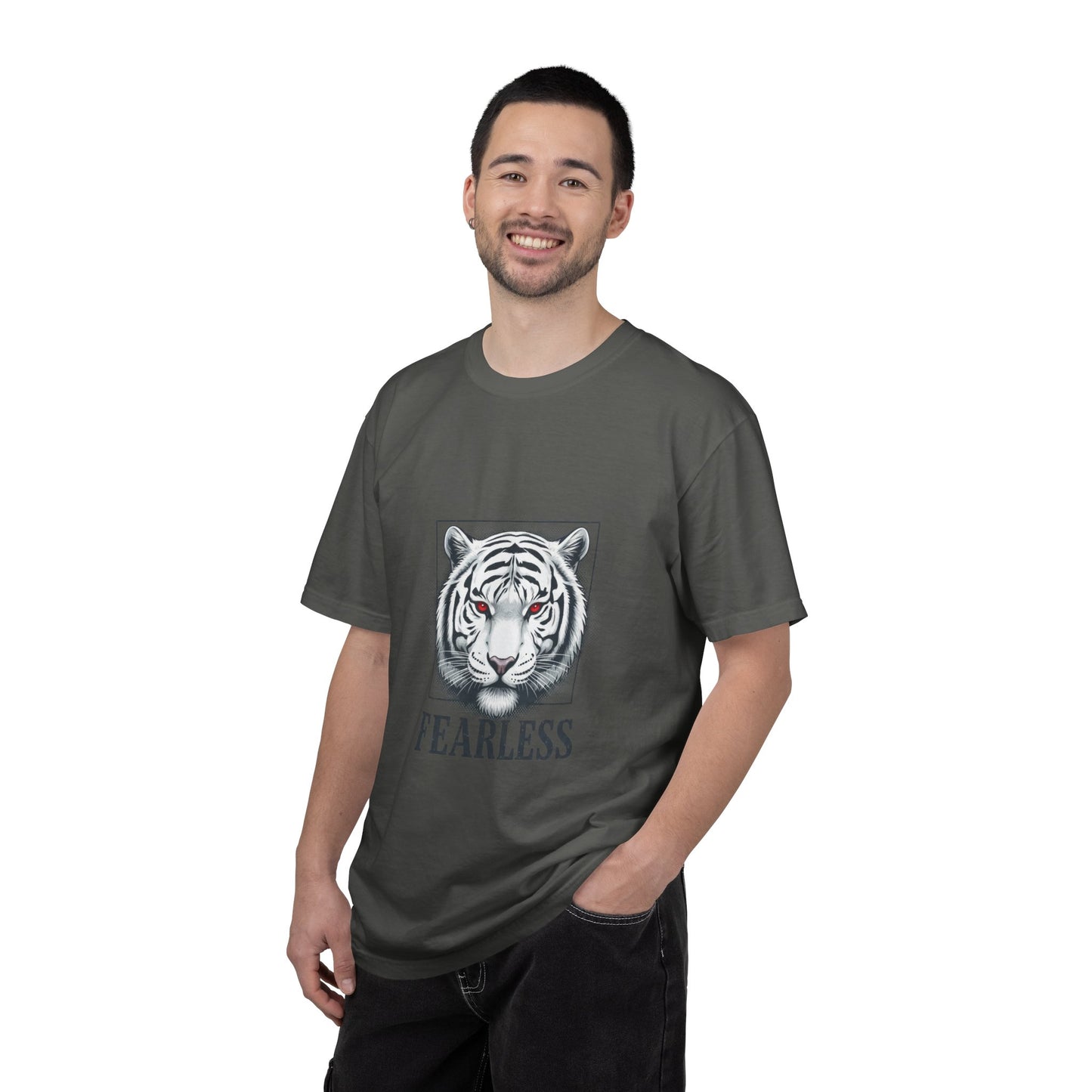 Fearless White Tiger T-Shirt — Bold Graphic Tee with 'FEARLESS' Text