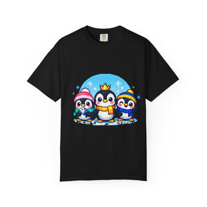 Cute Winter Penguin T‑Shirt — Three Cartoon Penguins with Crown & Scarves