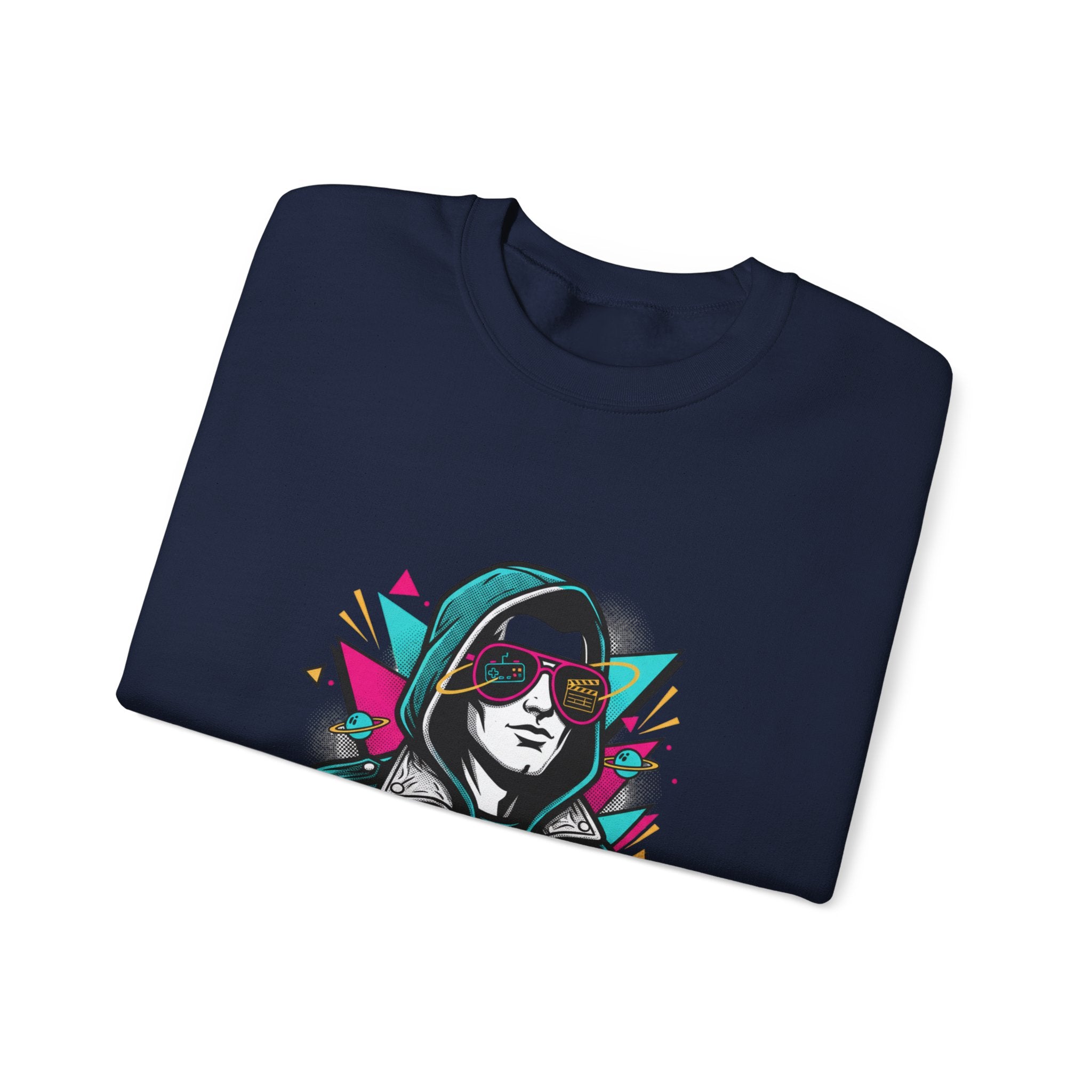 Pop Culture Remix Crewneck Sweatshirt — Retro Neon Hoodie Graphic