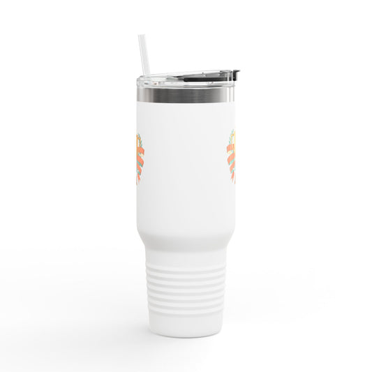 Woman holding 40oz "Mom of the Year" insulated travel mug outdoors Merit Sell