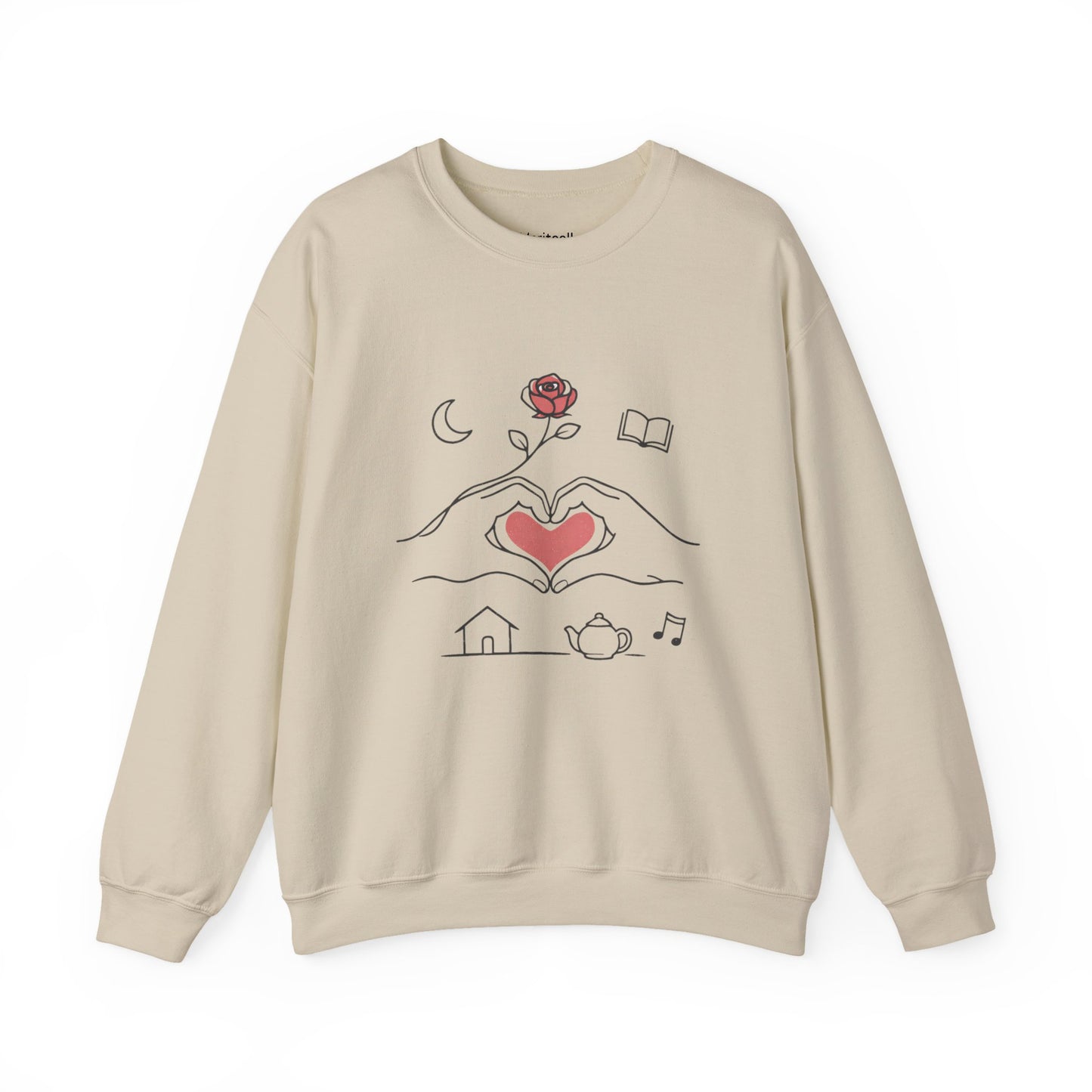Crewneck Sweatshirt — Heart Hands Rose Illustration (Cozy Home & Self‑Care Vibe)