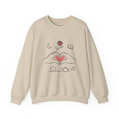 Crewneck Sweatshirt — Heart Hands Rose Illustration (Cozy Home & Self‑Care Vibe)