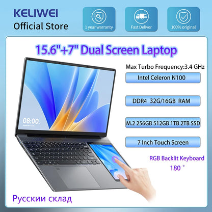 15.6"+7" Dual Screen Laptop Intel Celeron N100 32GB 16GB DDR4 RGB Backlit Keyboard Computer Notebook Laptops Touch Screen - Merit Sell