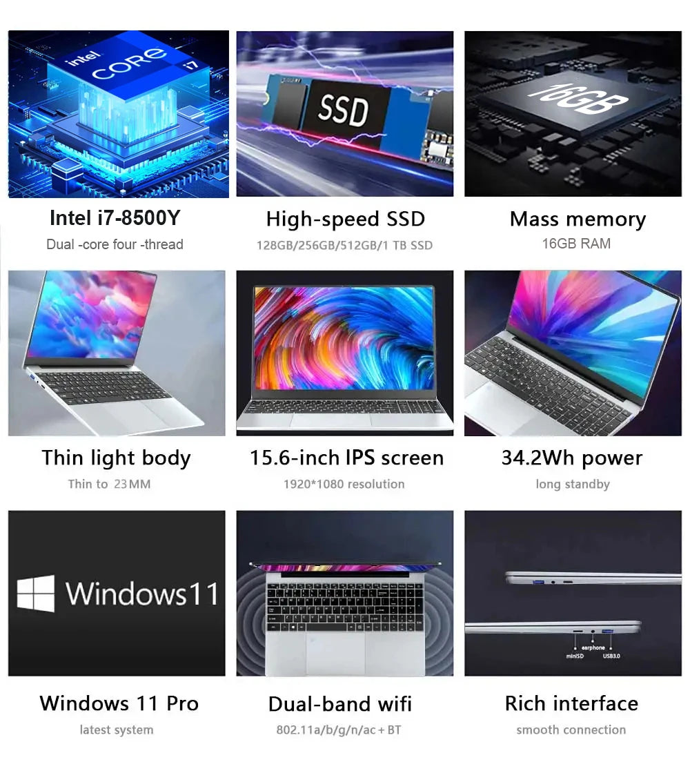 15.6" Intel Core i7 8500Y Laptop Computer PC 16GB DDR4 1TB SSD i7 Laptops Windows 11 Pro Office Fingerprint Unlock Notebook PC - Merit Sell