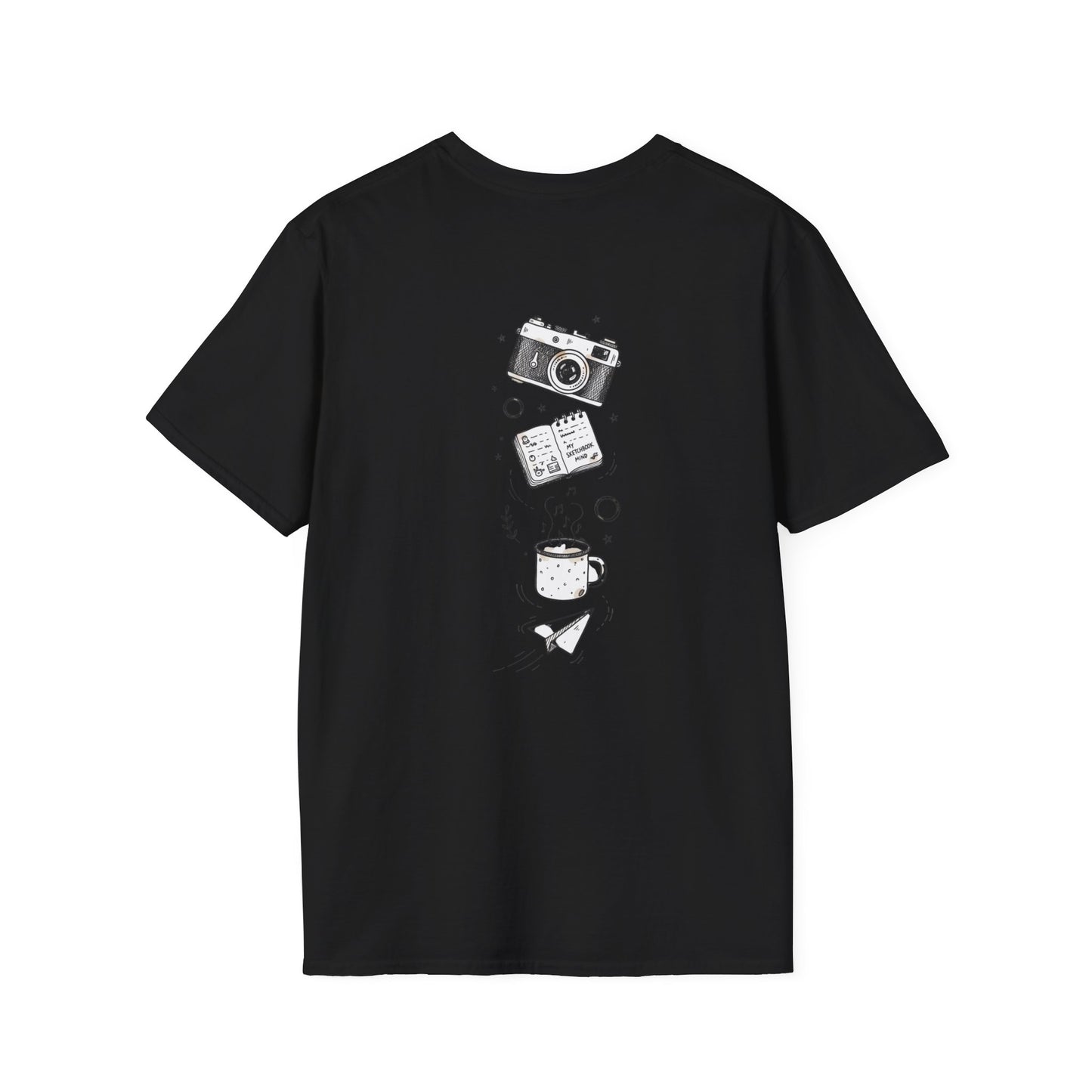 Photography & Coffee Graphic Tee — Camera, Notebook, Coffee Cup Design