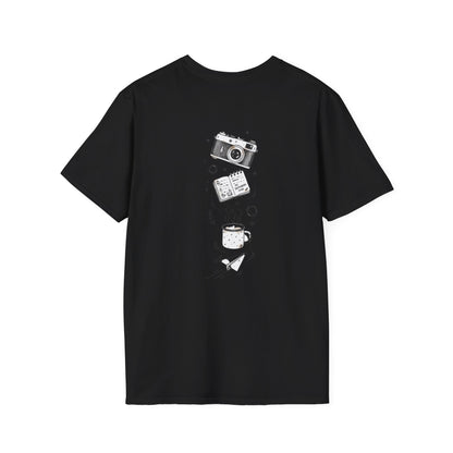 Photography & Coffee Graphic Tee — Camera, Notebook, Coffee Cup Design