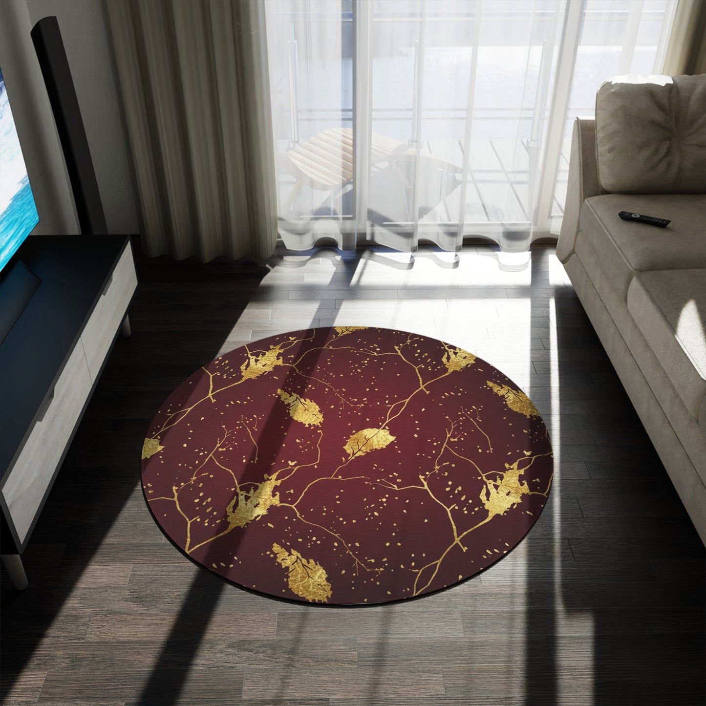 Gold Leaf Burgundy Round Rug — Elegant Boho Living Room Accent