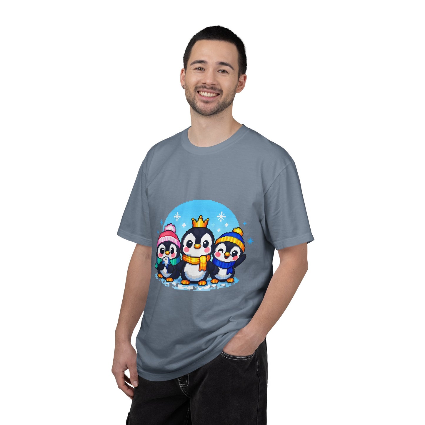 Cute Winter Penguin T‑Shirt — Three Cartoon Penguins with Crown & Scarves