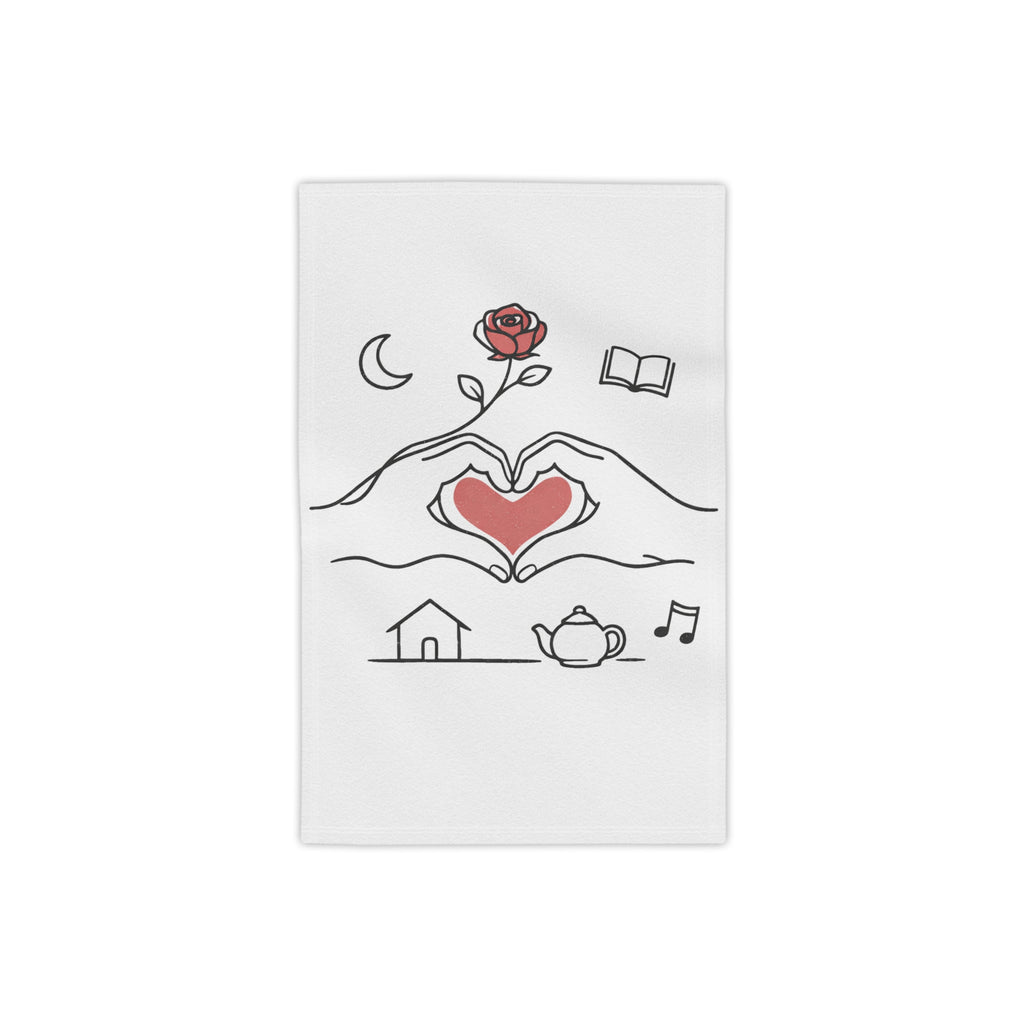 Beach Towel — Heart Hands Rose Design (Moon, Book, Tea, Home Icons)