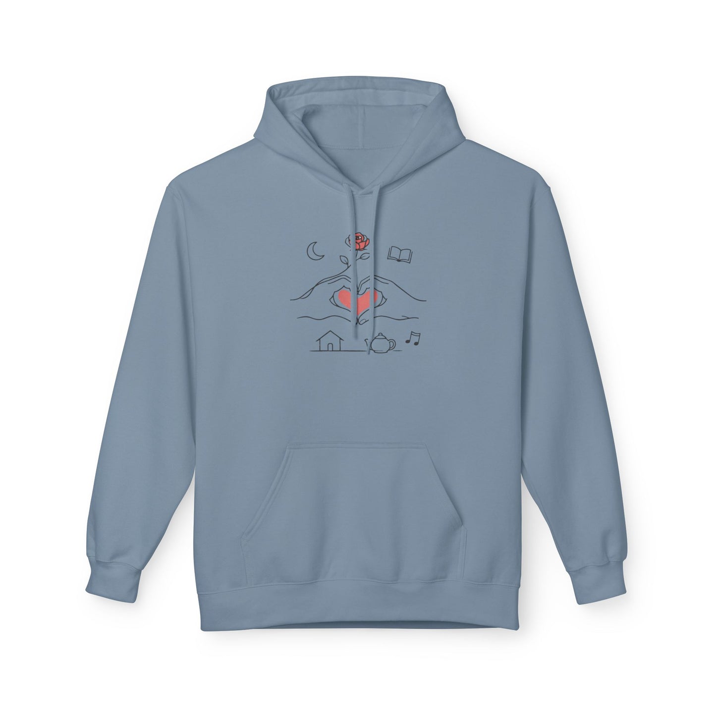 Cozy Heart & Rose Hoodie — Comfort, Home, Tea, Books Design