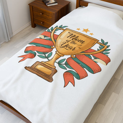 Mom of the Year Velveteen Plush Blanket – Trophy Design Mother’s Day Throw