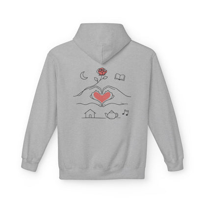 Cozy Heart & Rose Hoodie — Comfort, Home, Tea, Books Design
