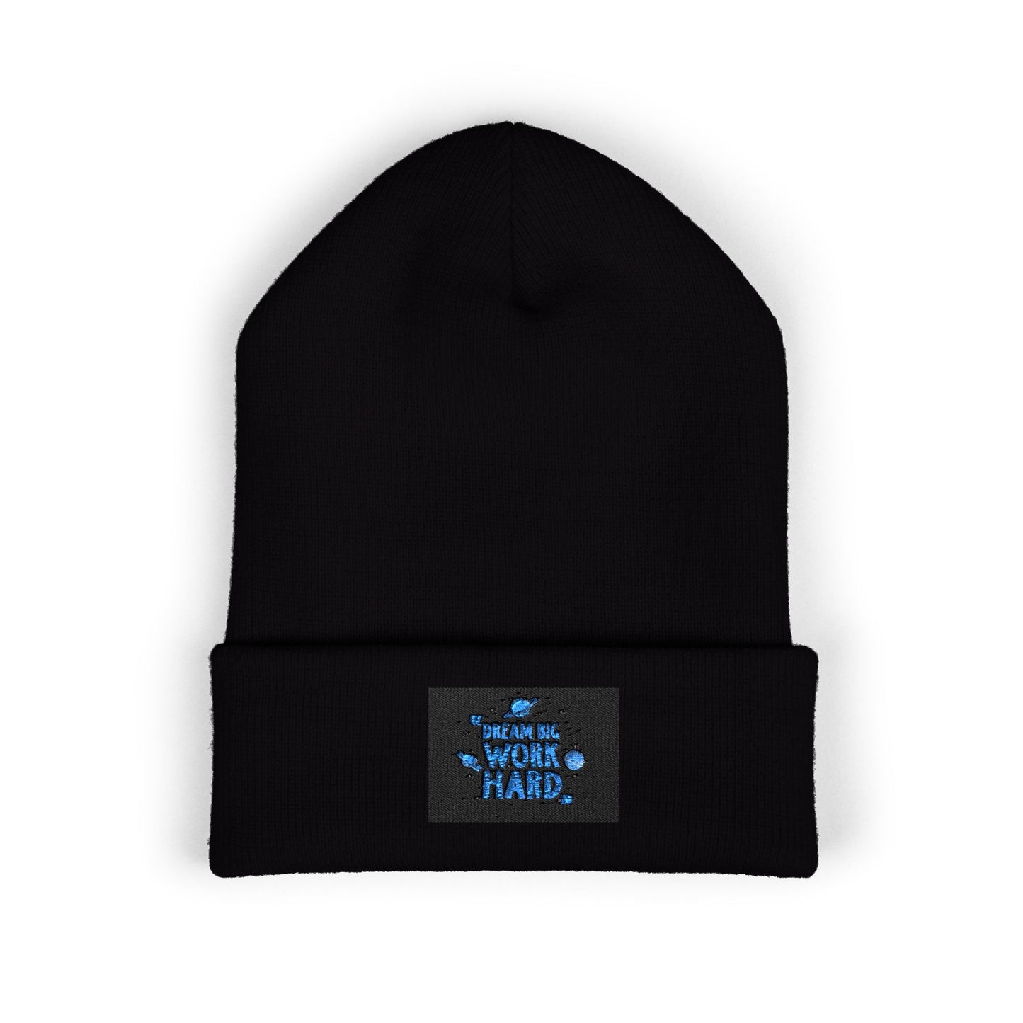 Classic Cuffed Beanie — Embroidered 'Never Stop' Blue Patch Winter Hat