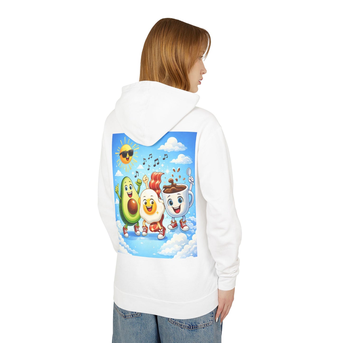 Happy Breakfast Friends Hoodie — Avocado, Egg & Coffee Cartoon Pullover