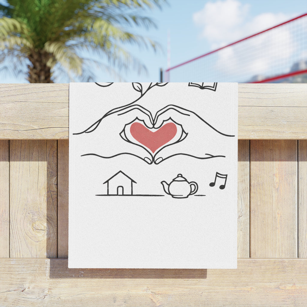 Beach Towel — Heart Hands Rose Design (Moon, Book, Tea, Home Icons)
