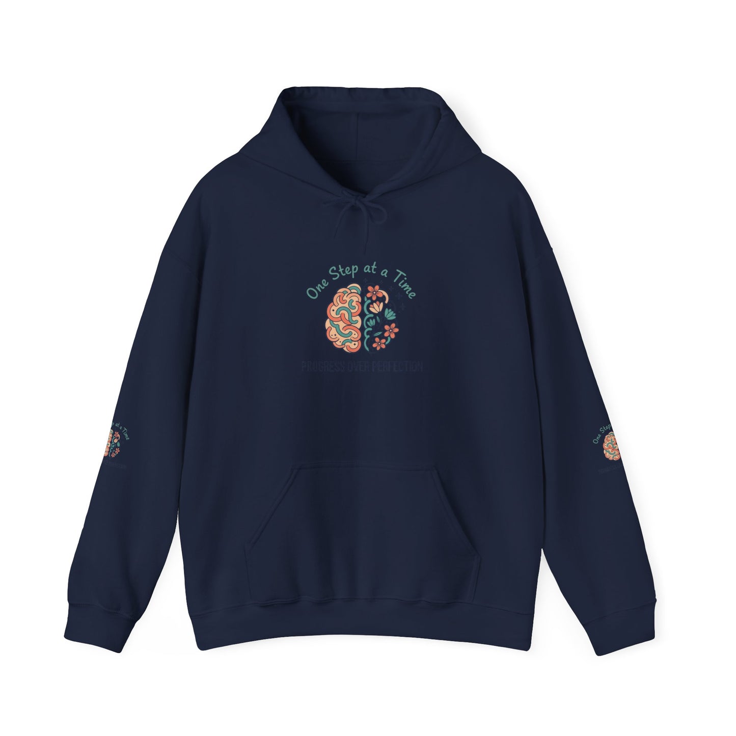 Hoodie — 'One Step at a Time' Brain & Flowers Motivational Pullover
