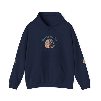 Hoodie — 'One Step at a Time' Brain & Flowers Motivational Pullover