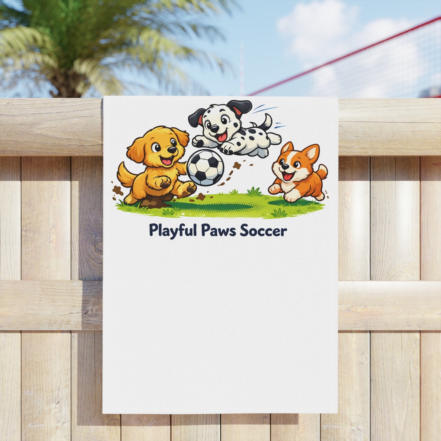 Playful Paws Soccer Beach Towel — Cute Puppies Playing Soccer Kids Towel