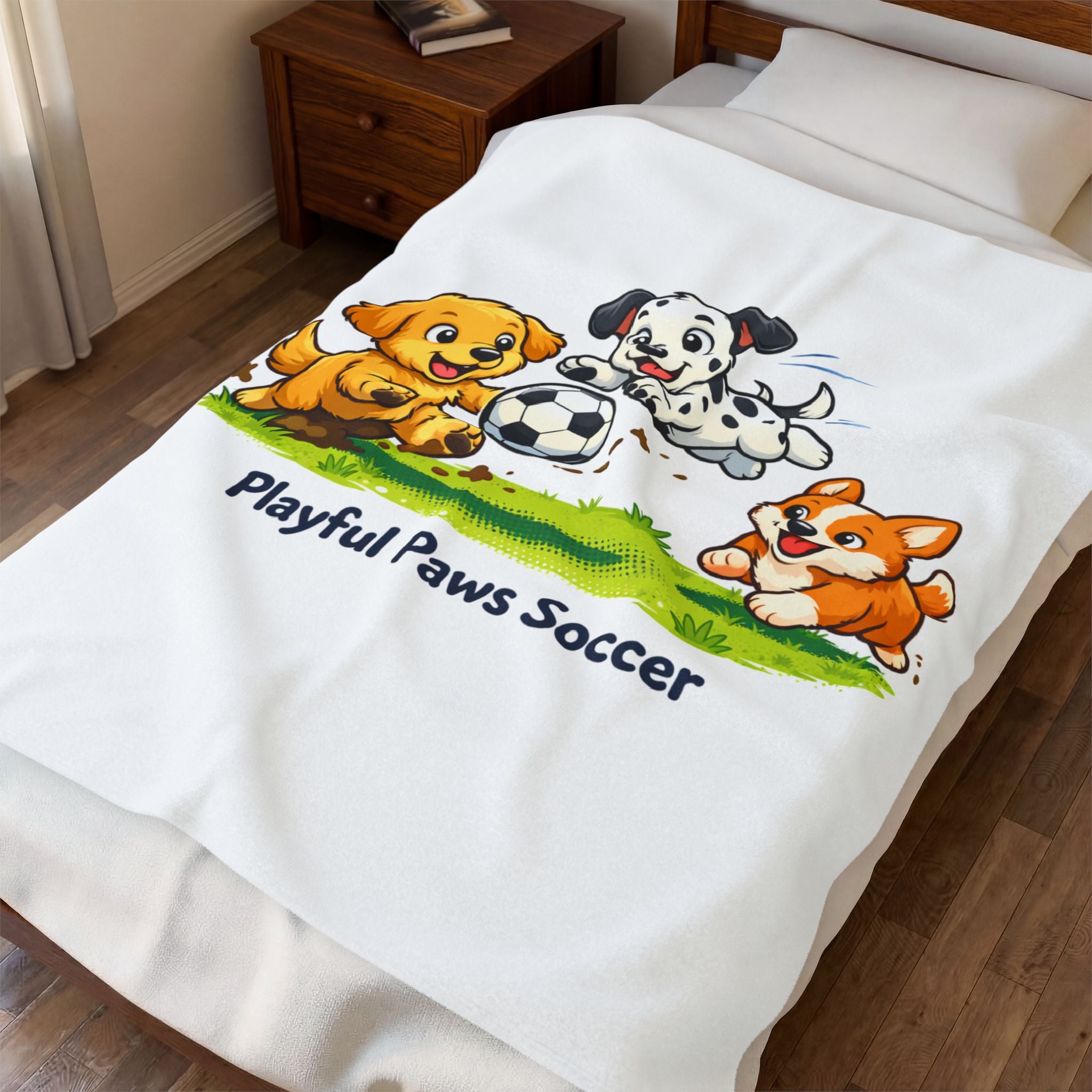 Plush Blanket - Playful Paws Soccer Cute Puppy Soccer Design